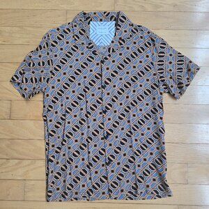 Denim & Flower | maximalist tan geometric print fitted button-up shirt | MENS M